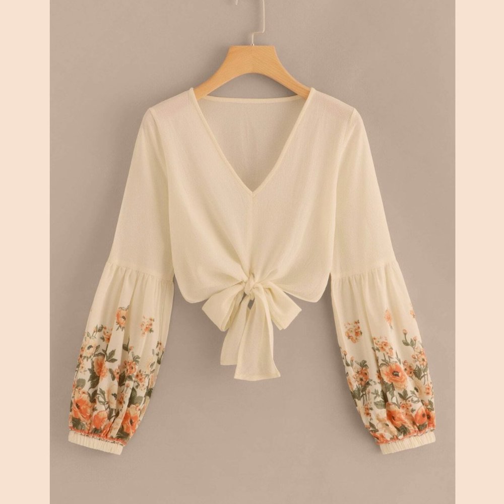 Floral Chiffon Self-Tie Crop Top